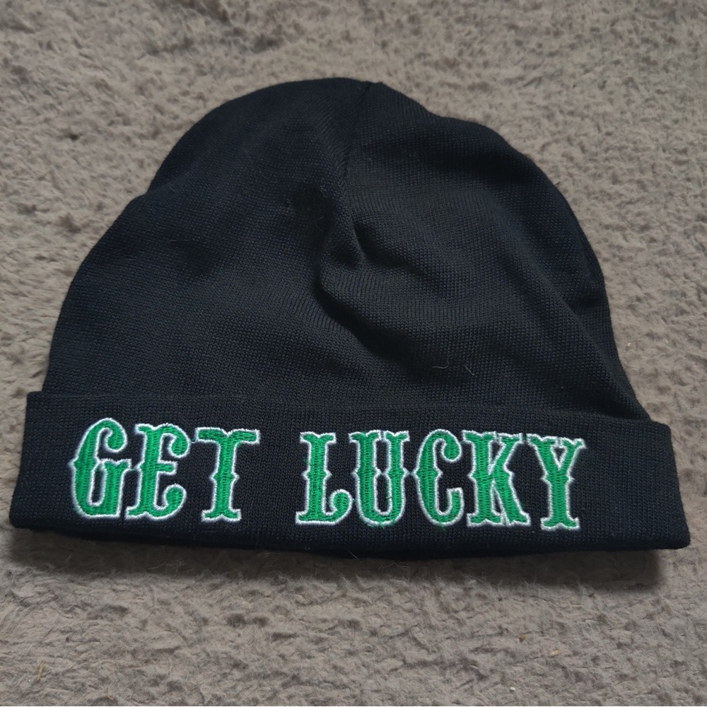 Black Beanie with Green Embroidery Get Lucky Clover St. Patrick’s Day Hat